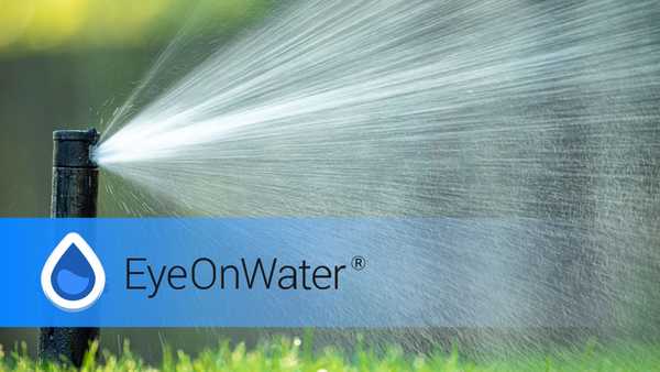 An irrigation sprinkler head spraying water over green grass with the EyeOnWater logo and a blue water drop icon superimposed in the center.