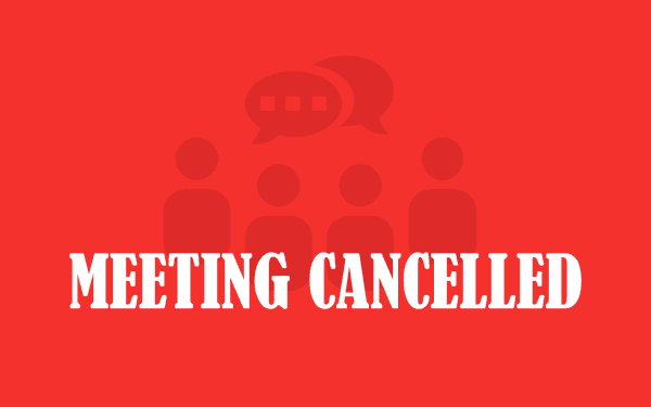 Red graphic with silhouettes of four people and speech bubbles above them, with large white text reading “Meeting Cancelled.”